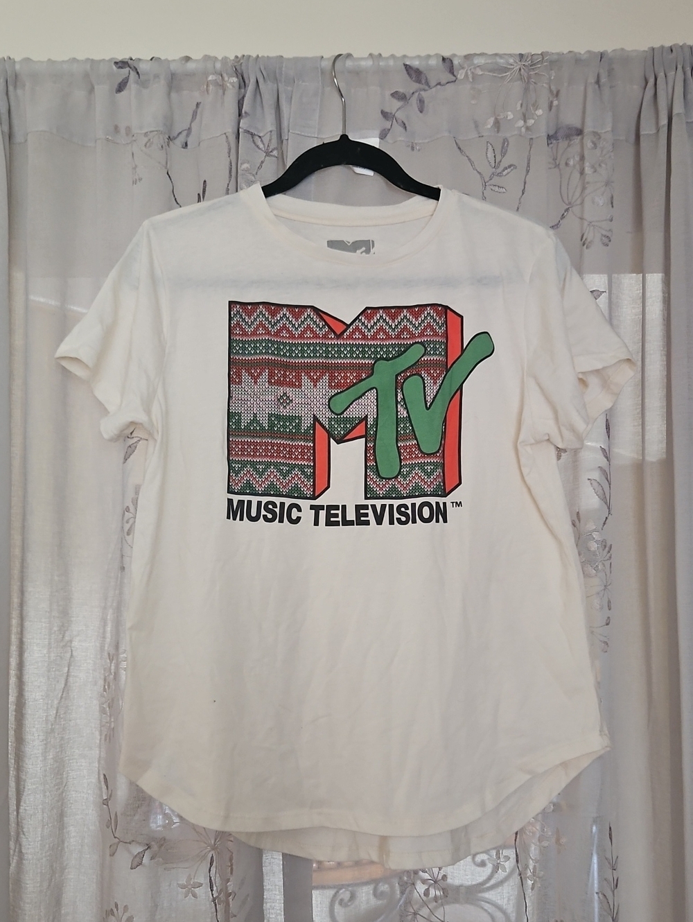MTV White Tee with Red Pattern and Green Logo